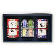 和染め缶友禅2缶とプチ羊羹セット(上かりがね茶、特上八女茶)